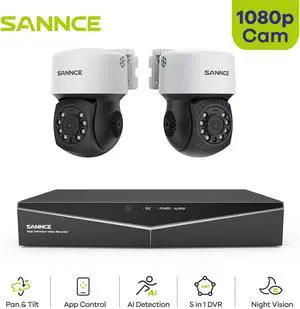 SANNCE 4CH 1080p Security Camera System 5-in-1 CCTV DVR Recorder with NO HDD and 2X  Waterproof PT Wired Surveillance Cameras with 100 ft Night Vision, Pan 350° Tilt 90°,Motion Alert