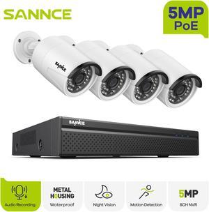 SANNCE 5MP 8CH POE Surveillance System Kit, 4pcs 5MP PoE Cameras,8 Channel Poe NVR Recorder, Outdoor/Indoor Use, 24/7 Recording,Smart IR LEDs, APP Push Alert,Work with Alexa, Security Camera Systems