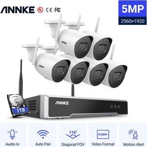 ANNKE 8 Channel 5MP Super HD Wireless IP Video Surveillance Kit with 6pcs Camera,100 ft Night Vision,Built-in Mic,Plug-and-Play Setup,Indoor & Outdoor WiFi Surveillance,1TB Hard Drive