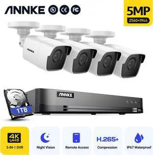 ANNKE 8Ch 4K Ultra HD CCTV Camera System H.265+ DVR and 4×5MP HD Weatherproof Cameras with EXIR LED IR Night Vision, Email Alert with Snapshots, Remote Access,1TB Included