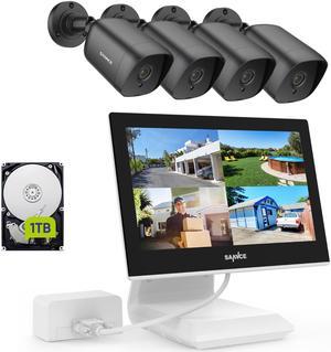 SANNCE 4 Channel 10.1" 1080P Monitor Wired CCTV Security Surveillance System, 2pcs 2MP Home Security Camera System, Remote Access,1TB HDD