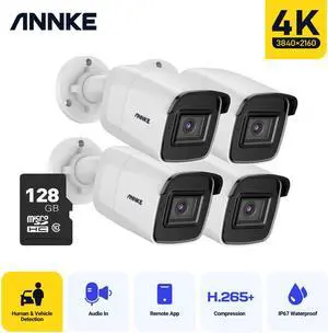 ANNKE 4pcs 8MP 4K Ultra HD PoE IP Security Camera with H.265+ Coding Outdoor Indoor IP67 Weatherproof Audio Recording,Supports 256 GB TF Card,Remote Access(Included 128 GB TF Card
