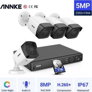 ANNKE Built-in Microphone PoE Security System for Home Indoor Outdoor, 8CH 4K H.265+ NVR with 4 x 5MP Outdoor IP67 Weatherproof Turret IP Camera,Remote Access,1TB Hard Drive