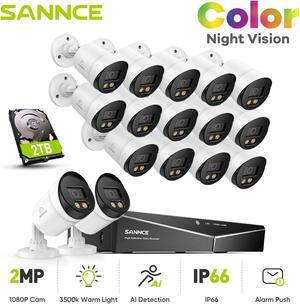 SANNCE 16PCS 1080P CCTV Security Camera System, Full Color Night Vision, 16CH 5-in-1 Digital Video Recorder DVR and 16PCS Surveillance Bullet Cameras Outdoor IP66, Motion Detection, 2TB Hard Drive