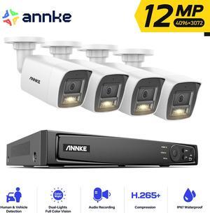 ANNKE 12MP PoE Security Camera System, 8 Channel NVR with NO HDD and 4 X 12 Megapixel UHD PoE White Surveillance IP Camera with Smart Dual Light, Human/Vehicle Detection, Color Night Vision