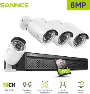 SANNCE H.265+ 4K POE CCTV Home Security Camera System 8CH POE NVR Recorder, 4X 5MP Outdoor Metal IP Cam 5MP Resolution, Power Over Ethernet, Easy Mobile Access with APP Alert, Person Vehicle Detection