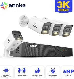 ANNKE 3K PoE H.265 Outdoor Security Camera System, 4X3K  PoE Home Surveillance Cameras with AI Person Vehicle Detection, 8CH 6MP NVR Video with NO HDD for 24/7 Audio Recording, 100ft Color Night Visi