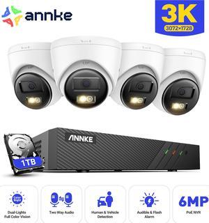 ANNKE 3K PoE H.265 Outdoor Security Camera System, 4X3K  PoE Home Conch Surveillance Cameras with AI Person Vehicle Detection, 8CH 6MP NVR Video with 1TB HDD for 24/7 Audio Recording, 100ft Color Nigh