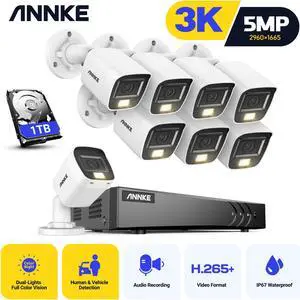 ANNKE 8CH 3K Security Camera System with Audio/Mic, 3K Lite Surveillance AI DVR and 8 x 3K 5MP 2960*1665 CCTV Camera with Dual Light, Human/Vehicle Detection, IP67, Color Night Vision, 1TB Hard Drive