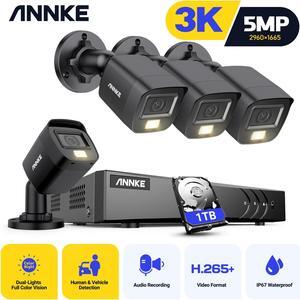 ANNKE 3K Security Camera System with Smart Dual Light, 8CH 3K Lite H.265+ Surveillance DVR with AI Human/Vehicle Detection, 4 x IP67 CCTV 3K 5MP Camera with Mic/Audio, Color Night Vision, 1TB HDD