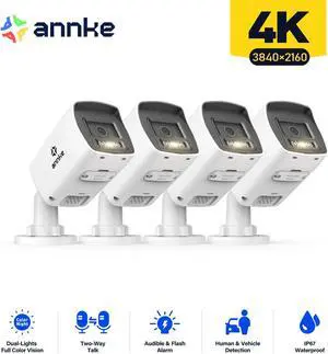 ANNKE HD 4PCS 4K POE Outdoor Surveillance Security Camera Two Way Audio AI Color Night Outdoor IP Network, Bullet Cameras with 4mm Lens, Human&Vehicle Detection, Built-in Microphone, H.265+, Night Vis