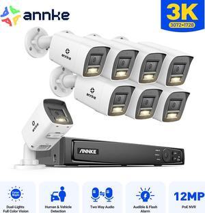 ANNKE H.265+ 3K PoE Outdoor Security Camera System,  16CH 12MP NVR and 8pcs 5MP PoE Surveillance IP Bullet Camera with Smart Dual Light, Audible Alarm, Color Night Vision, IP67 Waterproof, NO HDD
