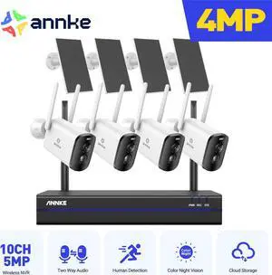 ANNKE Long Range Wire-Free Solar Home Security Camera System Wireless, 4PCS 4MP Dual Light  Camera Kit with 5MP 8CH NVR, with Solar Panel,IP65 Waterproof,Color Night Vision,AI Motion Human Detection,2
