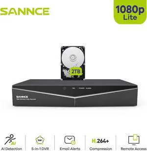 SANNCE 1080P 16 Channel CCTV DVR Recorder(2TB HDD), H.264+ Hybrid 5-in-1 Security Camera Recorder, Supports 2MP TVI AHD CVI CVBS Analog IP Surveillance Cameras, Remote Access, Motion Alert 2TB HDD