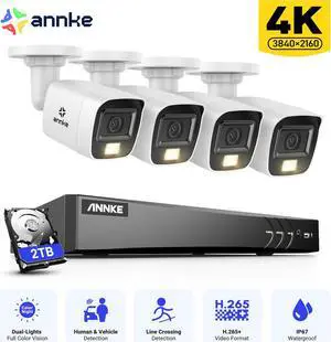 ANNKE 4K Security Camera System, 8CH 8MP AI DVR with Human & Vehicle Detection, NO HDD and 4x4K IP67 Bullet Home & Surveillance Cameras, Easy Remote View, Smart Dual Light 2TB HDD