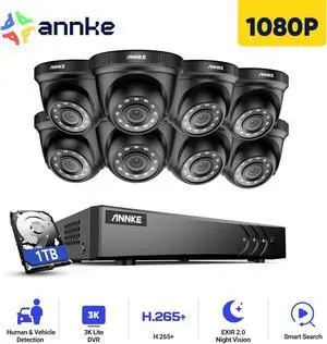 ANNKE H.265+ 8CH Security Camera System with Human/Vehicle Detection, 5-in-1 AI 3K DVR Recorder and 8PCS 2MP Indoor & Outdoor Turret Black Cameras, 100 ft Night Vision, Email Alert with Snap, 1TB HDD