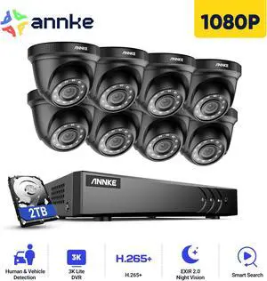 ANNKE H.265+ 8CH Security Camera System with Human/Vehicle Detection, 5-in-1 AI 3K DVR Recorder and 8PCS 2MP Indoor & Outdoor Turret Black Cameras, 100 ft Night Vision, Email Alert with Snap, 2TB HDD