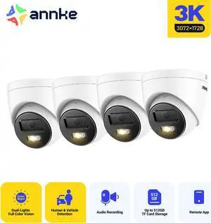 ANNKE 4PCS 3K PoE Security Camera, Outdoor Turret Surveillance Wired Cameras for Home Security, AI Human/Vehicle Detection, Smart Dual Light, Color Night Vision, 120 dB WDR, 2.8mm Lens, Built-in Mic