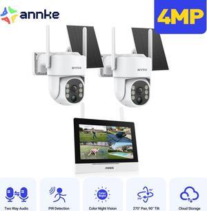 ANNKE PTZ Security Cameras Wireless Outdoor Solar Powered with 7 inch Monitor,  4MP 2K Wirefree Security Camera System with 2 Cameras Pan Tile View Two Way Audio Colar Night Vision