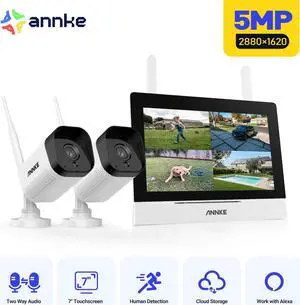ANNKE Wireless Security Camera System with 7" HD Monitor, 4CH Expandable Home Surveillance System, IP66 Weatherproof 2pcs 5MP Indoor Outdoor Cameras, Night Vision, Motion Detection, No HDD, Bidirectio