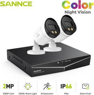 SANNCE 2pcs 4-channel Full Color Night vision 1080P TVI Bullet Security Camera System,2 Warm Lights,IP66 Weatherproof for Indoor and Outdoor Use, 100ft Clear Full Color Night Vision