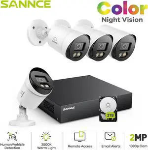 SANNCE CCTV Security Camera System 1080P 100ft Full Colour Night Vision, 8 Channel Digital Video Recorder DVR, 4PCS Surveillance Bullet Cameras Outdoor IP66, Motion Detection, 2 Warm Lights, 2TB HDD