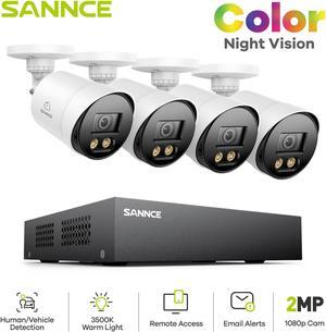 SANNCE CCTV Security Camera System 1080P 100ft Full Colour Night Vision, 8 Channel Digital Video Recorder DVR, 4PCS Surveillance Bullet Cameras Outdoor IP66, Motion Detection, 2 Warm Lights, No HDD