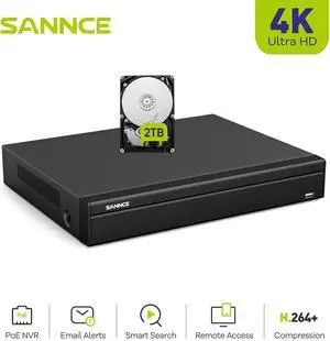 SANNCE H.265+ 4K PoE CCTV NVR 16 Channel Home Security Camera System with 2TB Hard Drive, Supports 8MP/5MP/4MP/1080P HD IP Cams 24/7 Surveillance Recording, Motion/Vehicle Detection