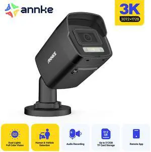 ANNKE  3K Outdoor POE Camera, H.265+Bullet IP Security Camera, Human & Vehicle Detection, Built-in Microphone, IP67 Waterproof, 2.8mm Lens 114° View Angle,Spotlight Color Night Vision-Black