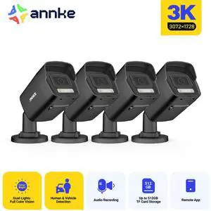 ANNKE 4PCS 3K Outdoor POE Camera, H.265+Bullet IP Security Camera, Human & Vehicle Detection, Built-in Microphone, IP67 Waterproof, 2.8mm Lens 114° View Angle,Spotlight Color Night Vision-Black