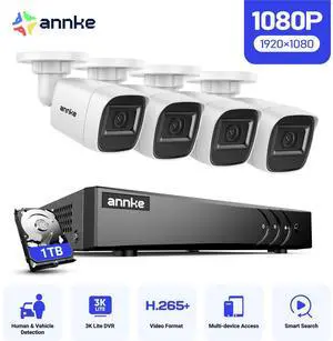 ANNKE 2MP Security Camera System, 8 Channel 3K Lite DVR Recorder with AI Motion Detection, 4X 1080P Add-on Wired Cameras with 65ft IR Night Vision, IP67, 3.6mm Lens, 1TB HDD, White ANNKE 2MP Security Camera System, 8 Channel 3K Lite DVR Recorder with AI Motion Detection, 4X 1080P Add-on Wired Cameras with 65ft IR Night Vision, IP67, 3.6mm Lens, 1TB HDD, White