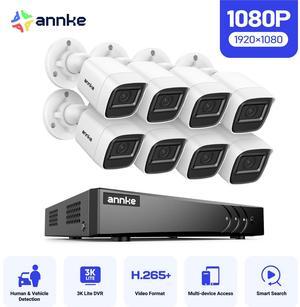 ANNKE 2MP Security Camera System, 8 Channel 3K Lite DVR Recorder with AI Motion Detection, 8X 1080P Add-on Wired Cameras with 65ft IR Night Vision, IP67, 3.6mm Lens, 0TB HDD, White