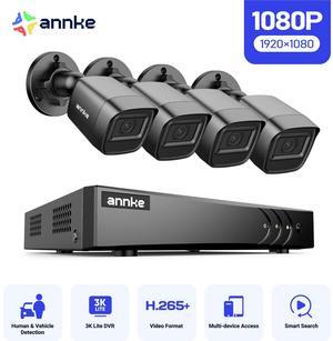 ANNKE 2MP Security Camera System, 8 Channel 3K Lite DVR Recorder with AI Motion Detection, 4X 1080P Add-on Wired Cameras with 65ft IR Night Vision, IP67, 3.6mm Lens, 0TB HDD, Black