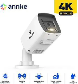ANNKE HD 4K POE Outdoor Surveillance Security Camera Two Way Audio AI Color Night Outdoor IP Network, Bullet Cameras with 4mm Lens, Human&Vehicle Detection, Built-in Microphone, H.265+, 100FT Night Vi