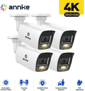 ANNKE 4PCS 4K POE Outdoor Surveillance Security Camera Two Way Audio AI Color Night Outdoor IP Network, Bullet Cameras with 4mm Lens, Human&Vehicle Detection, Built-in Microphone, H.265+, Night Vision
