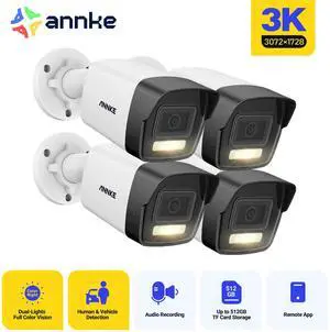 ANNKE 4PCS New AC500 IP PoE Camera - 3K Ultra HD, Color Night Vision with Spotlight, IP67 Outdoor Bullet Surveillance Camera with Person Vehicle Detection, for Home Business Security
