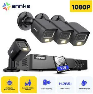 ANNKE 8CH Wired Outdoor Security Camera System with AI Human/Vehicle Detection, 5MP Lite H.265+ CCTV DVR Recorder and 4 x 1080P Surveillance Cameras, Email Alert with Snapshots, 1TB HDD, Black