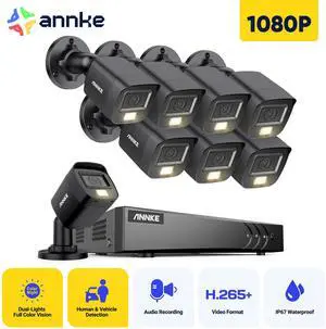 ANNKE 8CH Wired Outdoor Security Camera System with AI Human/Vehicle Detection, 5MP Lite H.265+ CCTV DVR Recorder and 8 x 1080P Surveillance Cameras, Email Alert with Snapshots, 0TB HDD, Black
