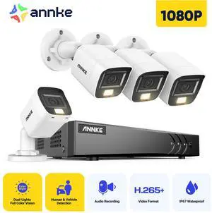ANNKE 8CH Wired Outdoor Security Camera System with AI Human/Vehicle Detection, 5MP Lite H.265+ CCTV DVR Recorder and 4 x 1080P Surveillance Cameras, Email Alert with Snapshots, 0TB HDD, White