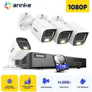 ANNKE 8CH Wired Outdoor Security Camera System with AI Human/Vehicle Detection, 5MP Lite H.265+ CCTV DVR Recorder and 4 x 1080P Surveillance Cameras, Email Alert with Snapshots, 1TB HDD, White