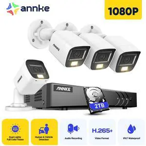 ANNKE 8CH Wired Outdoor Security Camera System with AI Human/Vehicle Detection, 5MP Lite H.265+ CCTV DVR Recorder and 4 x 1080P Surveillance Cameras, Email Alert with Snapshots, 2TB HDD, White