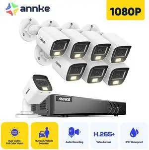 ANNKE 8CH Wired Outdoor Security Camera System with AI Human/Vehicle Detection, 5MP Lite H.265+ CCTV DVR Recorder and 8 x 1080P Surveillance Cameras, Email Alert with Snapshots, 0TB HDD, White