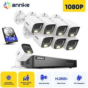 ANNKE 8CH Wired Outdoor Security Camera System with AI Human/Vehicle Detection, 5MP Lite H.265+ CCTV DVR Recorder and 8 x 1080P Surveillance Cameras, Email Alert with Snapshots, 1TB HDD, White