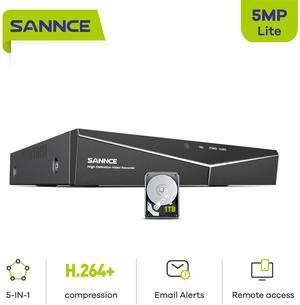 SANNCE 5MP Lite 8 Channel Security Camera DVR, H.264+ Hybrid 5-in-1 Surveillance DVR Recorder, Supports TVI AHD CVI CVBS Analog IP Security Cameras, Remote Access (1TB Hard Drive)