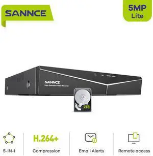 SANNCE 5MP Lite 8 Channel Security Camera DVR, H.264+ Hybrid 5-in-1 Surveillance DVR Recorder, Supports TVI AHD CVI CVBS Analog IP Security Cameras, Remote Access (2TB Hard Drive)