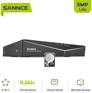 SANNCE 5MP Lite 8 Channel Security Camera DVR, H.264+ Hybrid 5-in-1 Surveillance DVR Recorder, Supports TVI AHD CVI CVBS Analog IP Security Cameras, Remote Access (4TB Hard Drive)