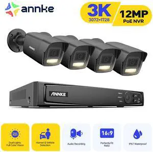 ANNKE H.265+ 8CH PoE Surveillance Camera Set, 12MP NVR Recorder and 4 x 3K Outdoor Surveillance Bullet Camera, Colour Night Vision, Person and Vehicle Detection, Smart Dual Light, 0TB Hard Drive