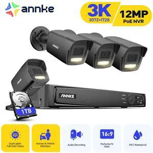 ANNKE H.265+ 8CH PoE Surveillance Camera Set, 12MP NVR Recorder and 4 x 3K Outdoor Surveillance Bullet Camera, Colour Night Vision, Person and Vehicle Detection, Smart Dual Light, 1TB Hard Drive