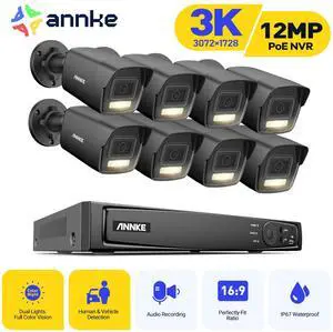 ANNKE H.265+ 8CH PoE Surveillance Camera Set, 12MP NVR Recorder and 8x 3K Outdoor Surveillance Bullet Camera, Colour Night Vision, Person and Vehicle Detection, Smart Dual Light, 0TB Hard Drive