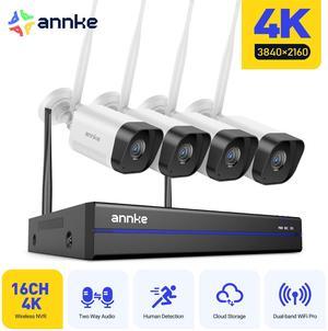 ANNKE 4K Security Camera System, 4pcs Wireless 8MP IP Cameras with 16CH 8MP NVR for Home Security Outdoors, Motion Detection, Two-Way Audio, 100ft Night Vision, Compatible with Alexa, 0TB HDD, IP66